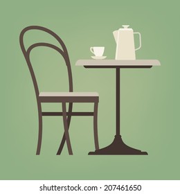 Vector coffee table with coffee cup and coffee pot on top with chair aside