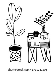 vector coffee table with two cups, house plant and bouquet of flowers 