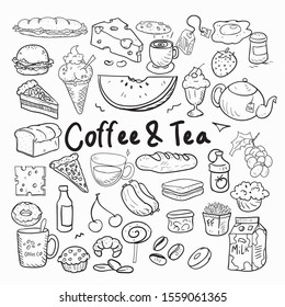 vector coffee and tea cartoon outline hand drawn set healthy breakfast icon set