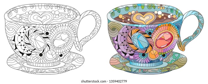 Vector coffee or tea cup with abstract ornaments. Hand drawn illustration for t-shirt decoration. Color and outline set