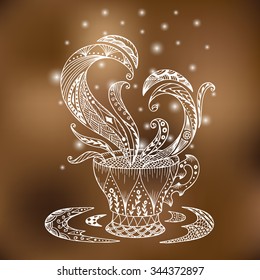 Vector coffee or tea cup with abstract ornaments. Hand drawn illustration