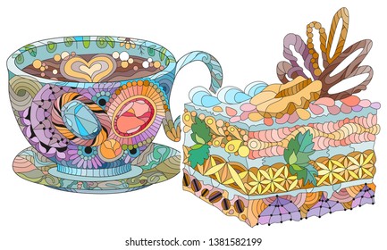 Vector coffee or tea cup with cake and abstract ornaments. Hand drawn illustration for t-shirt decoration