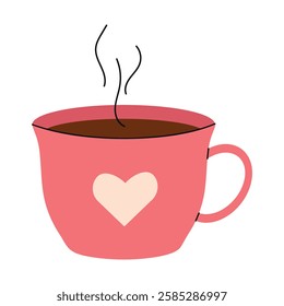 Vector coffee and tea cup icon in hand drawn style.. Doodle pretty coffee mug with heart and steam in flat style.