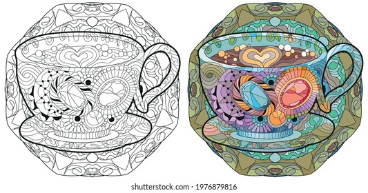 Vector coffee or tea cup with mandala. Hand drawn illustration for coloring t-shirt decoration. Color and outline set