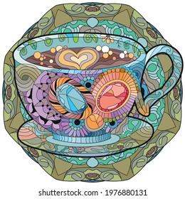 Vector coffee or tea cup with mandala. Hand drawn illustration for t-shirt decoration