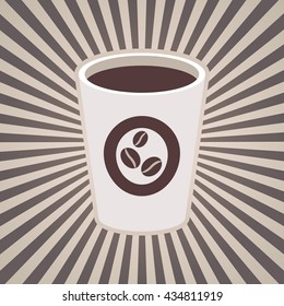 Vector coffee or tea cup and stripes, beams, rays in brown coffee, milk white colors. Vintage design for menu, brochures, graphic and simple design. Hot espresso, cappuccino or americano, coffee beans