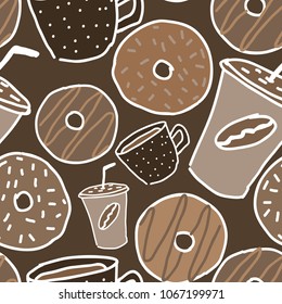 Vector coffee tea and donuts pattern. Design for menus, cafe or restaurant. Sweet pattern. Cups of tea, coffee and donuts. Seamless donuts pattern.