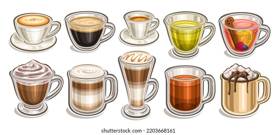 Vector Coffee and Tea set, lot collection of different cut out illustrations of porcelain coffee cup, clear mug with hot dark beverage, whipped cappuccino, tall glass with layered sweet coffee drink