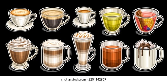 Vector Coffee and Tea set, large group of variety cut out illustrations porcelain coffee cup, clear mug with hot dark beverage, cartoon design whipped cappuccino, layered coffee dessert in tall glass