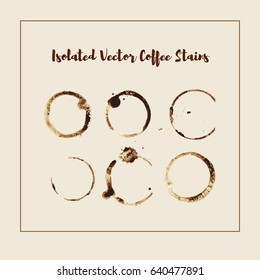 Vector coffee or tea stains, splashes and drops. Set of liquid traces and splats from a cup or mug. Round coffee frames, grungy rings, dirty design elements for coffee shops, posters, logos or ads.