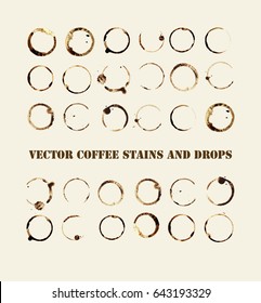 Vector coffee or tea stains, splashes and drops. Set of liquid traces and splats from a cup or mug. Round coffee frames, grungy rings, dirty design elements for coffee shops, posters, logos or ads.