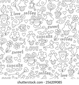 Vector coffee time background. Doodle seamless pattern with sweets and hearts. black and white. EPS8
