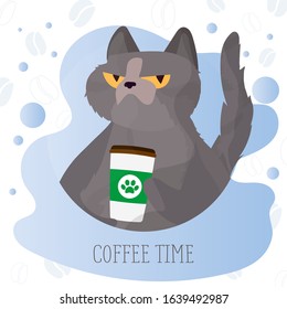 Vector coffee time postcard. Cat with a sleepy look holding a paper cup of coffee.