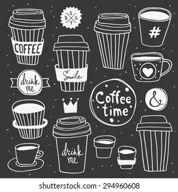 Vector "Coffee time" set. Plastic and paper coffee and tea cups. Coffee to go. Take away. "Drink me" and "Smile" lettering. Hand drawn elements on chalk board. Good for display window, t-shirt print