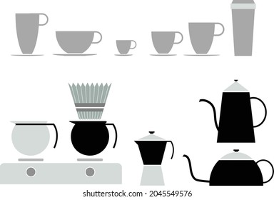 Vector: coffeemakers, pot, cups in differece style.