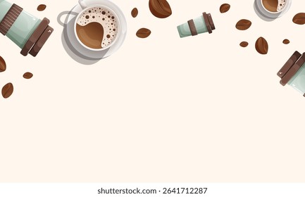 A vector coffee-themed background with a semicircular frame at the top, made of coffee cups, takeaway cups, and beans, with a caption placed below.
