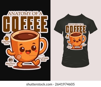 Vector coffee-themed t-shirt print showing a happy mug in “Anatomy of Coffee” style with Espresso Core, Macchiato Core and No Stress Mode call-outs. Perfect for cafes, streetwear and gift merch.	