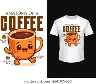 Vector coffee-themed t-shirt print showing a happy mug in “Anatomy of Coffee” style with Espresso Core, Macchiato Core and No Stress Mode call-outs. Perfect for cafes, streetwear and gift merch.