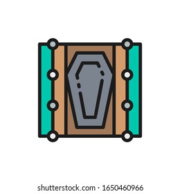 Vector coffin in the grave flat color line icon.