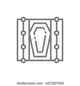 Vector coffin in the grave line icon.