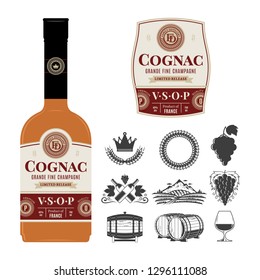 Vector cognac label on a bottle. Distilling business branding and identity icons and design elements.