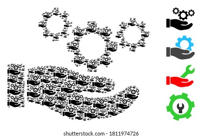 Vector cogs service hand mosaic is made from repeating recursive cogs service hand items. Recursion mosaic from cogs service hand. Some other icons are present in this vector.