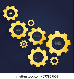 Vector cogwheel template - luxury gold cogs. Cogwheel connection, teamwork. Creative template with space for your content.