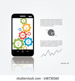 Vector cogwheel template in smart phone. Cogwheel connection, teamwork. Colorfully creative template with space for your content.