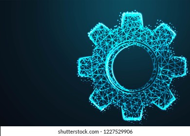 Vector Cogwheel Wire Frames Glowing in the Dark, with crumbled edge on blue night sky with dots, stars and looks like constellation, illustration