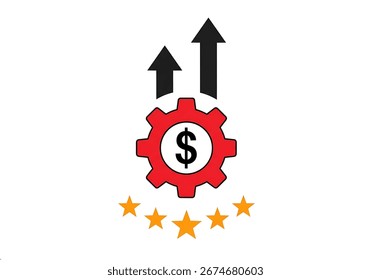 Vector of coin dollar and five stars with arrows up. Icon of money analysis and financial satisfaction