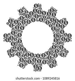 Vector coin icons are organized into cogwheel illustration. Mechanics design concept constructed from coin icons.