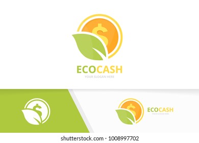 Vector coin and leaf logo combination. Money and eco symbol or icon. Unique cash and organic logotype design template.