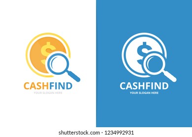 Vector coin and loupe logo combination. Money and magnifying symbol or icon. Unique cash and search logotype design template.
