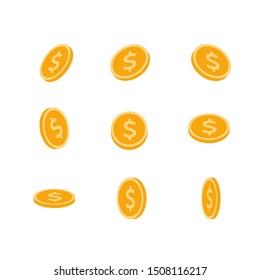 Vector coin money flat illustration. Set of gold dollar currency flips isolated on white background. Design element for banner, poster, website, casino, game. Concept of treasure, financial banking.