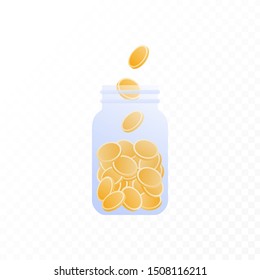 Vector coin money in jar flat illustration. Bottle full of coin isolated on white to transparent background. Design element for banner, poster, website, bank, game. Concept of save money.