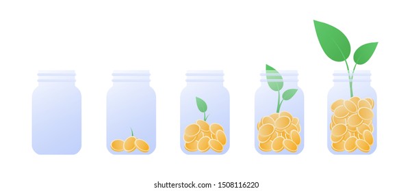 Vector coin money in jar flat illustration. Bottle full of coin isolated on white to transparent background. Design element for banner, poster, website, bank, game. Concept of save money.