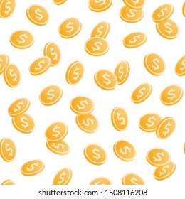 Vector coin money seamsless pattern illustration. Set of gold dollar coins flip on white background. Design tile element for banner, backfrop, poster, website, casino, game, paper, card.