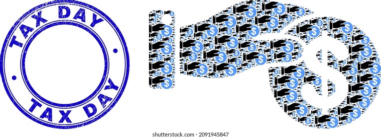 Vector coin payment hand icon composition is designed of repeating recursive coin payment hand items. Tax Day grunge blue round seal print. Recursive collage of coin payment hand icon.