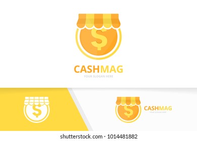 Vector coin and shop logo combination. Money and sale symbol or icon. Unique cash and market logotype design template.