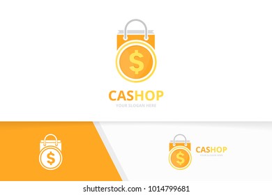 Vector coin and shop logo combination. Money and sale symbol or icon. Unique cash and market logotype design template.