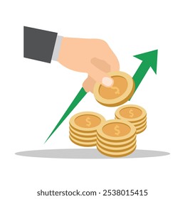Vector coins and banknotes with rising currencies are suitable for financial design needs