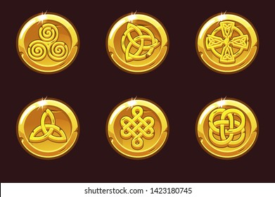 Vector Coins with celtic symbols. Cartoon set celtic icons. Objects on separate layers.