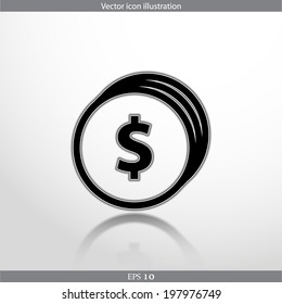Vector coins with dollar sign web flat icon. Isolated on white.
