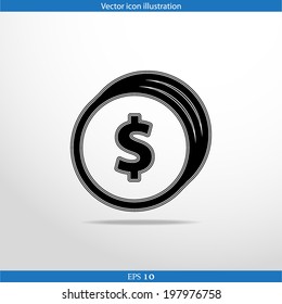 Vector coins with dollar sign web flat icon. Isolated on white.