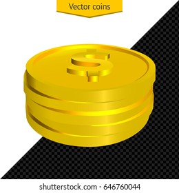Vector coins isolated on white and transparent background. Stack of realistic 3D coins. Gold coins icon. Vector illustration of money, currency in dollars.