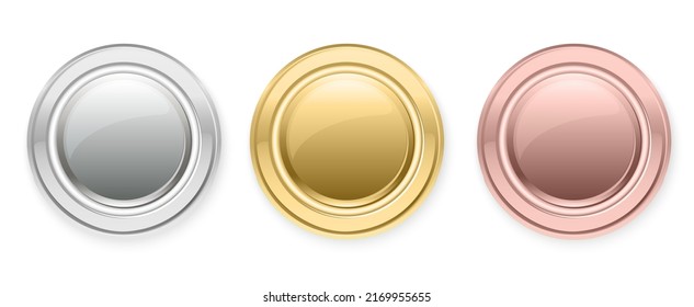 Monedas vectoriales o colección de medallas. Juego de marcos redondos brillantes en color oro, plata y bronce. Emblemas ganadores para recompensa de primer, segundo y tercer lugar