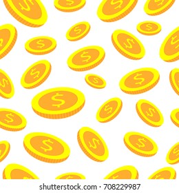 Vector coins rain on white background. Gold coins icon. Flat cartoon money.