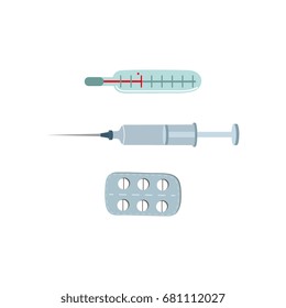 Vector cold and flu therapy objects set flat concept. Cartoon illustration isolated on a white background. Syringe, pills blister and thermometer.