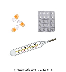 Vector cold and flu therapy objects set flat cartoon concept. Cartoon illustration isolated on a white background. Drugs, pills blister and thermometer.