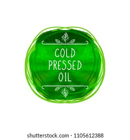 Vector Cold Pressed Oil Label, Green Watercolor Circle, Handwritten Letters and Scribble Lines? 